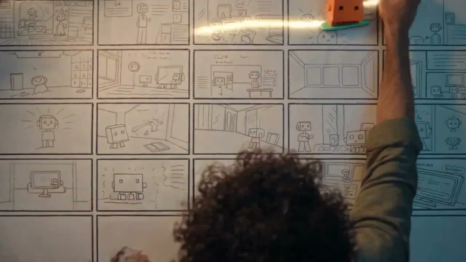 Storyboard wall of robot sketches opens a generated short