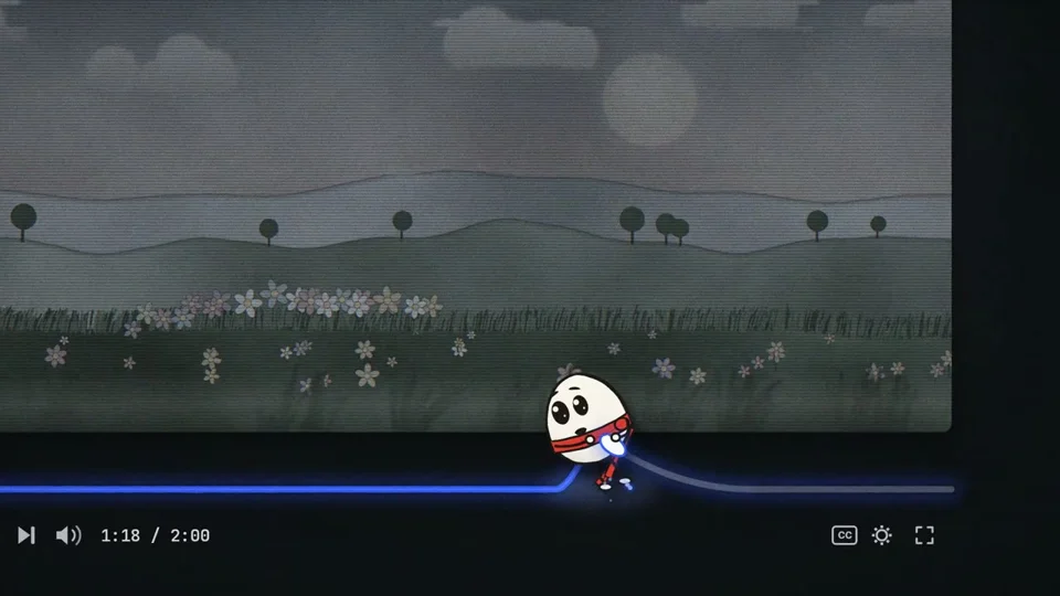 Egg character runs along a video progress bar