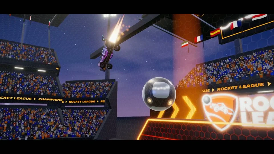 Rocket-powered car launches over a stadium ball