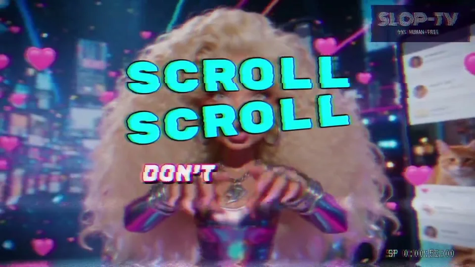 Glitchy music video about AI slop with a SLOP-TV overlay