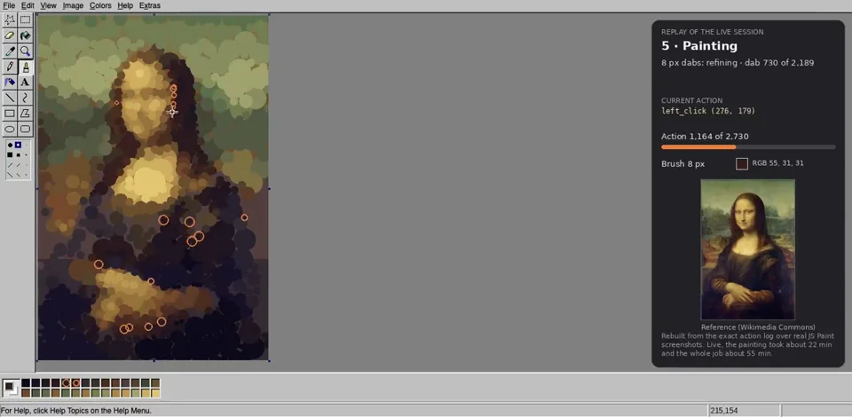 Mona Lisa repainted stroke by stroke in browser paint