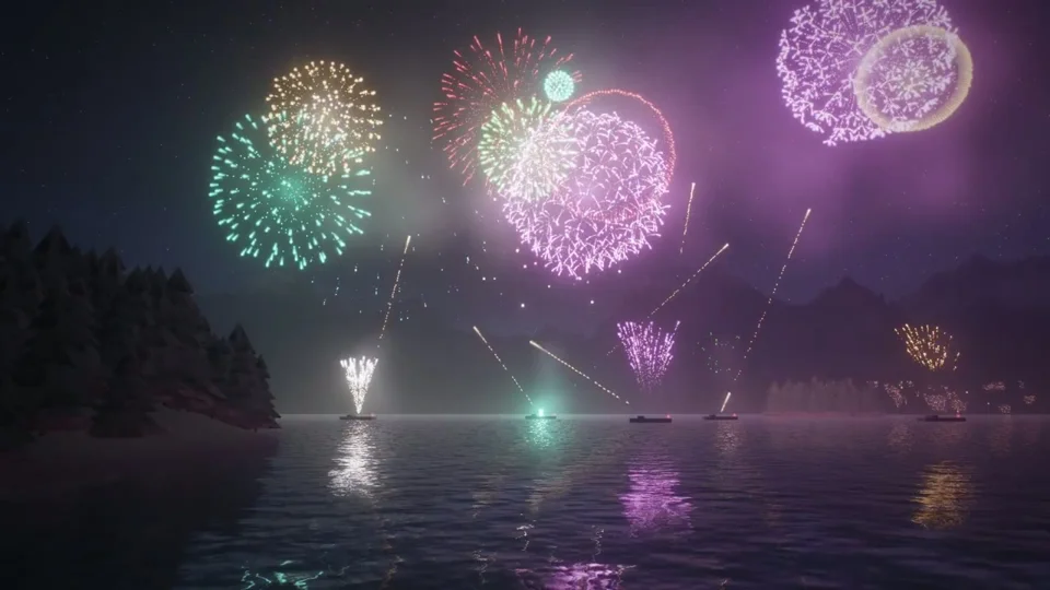 Interactive fireworks show over a night-time lake
