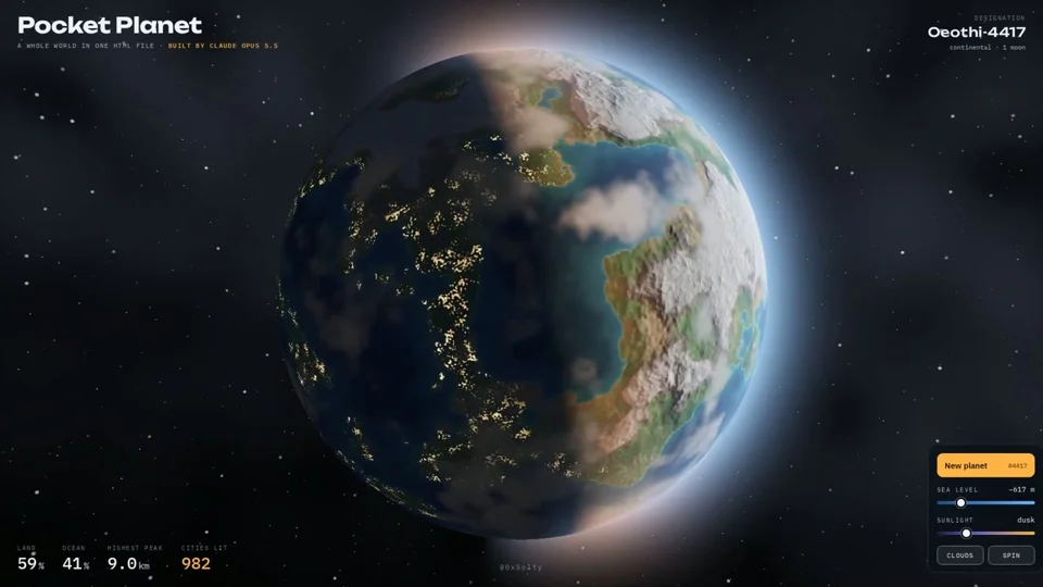 Procedural planet spins with city lights on its night side