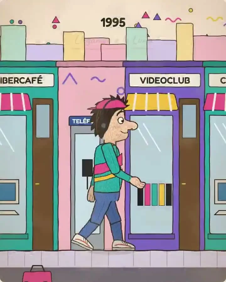Cartoon history of Earth reaching a 1995 videoclub street