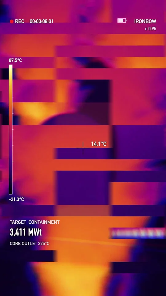 Thermal-camera glitch edit with a reactor readout