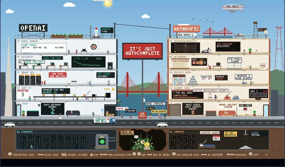 Pixel-art cross-section of OpenAI and Anthropic offices