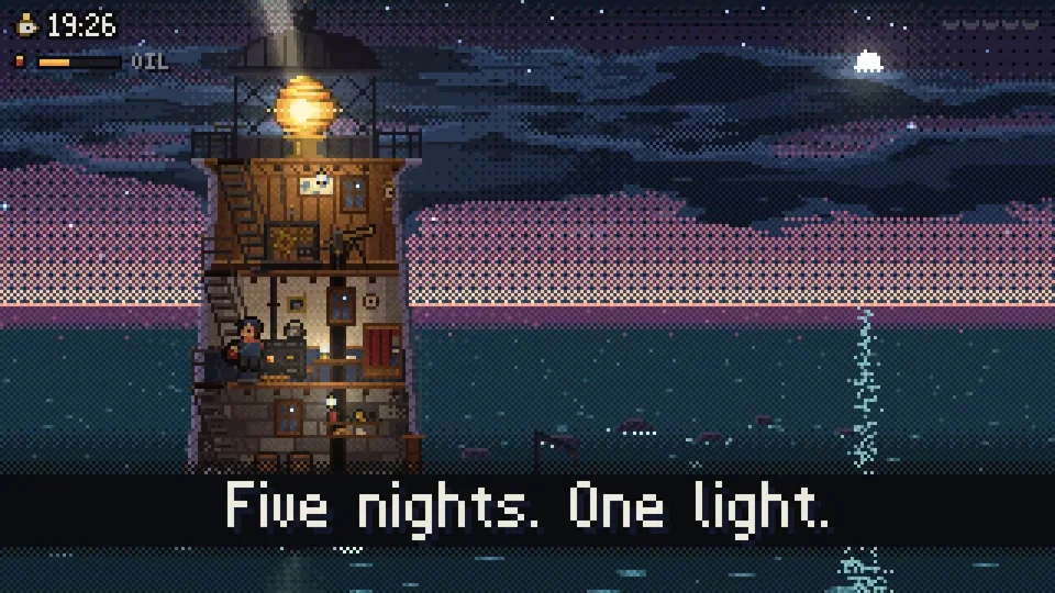 Pixel-art lighthouse keeper story game on a stormy coast