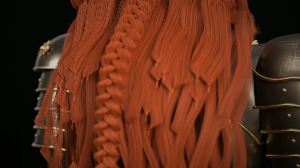 Close-up of braided red hair on an armored Blender character
