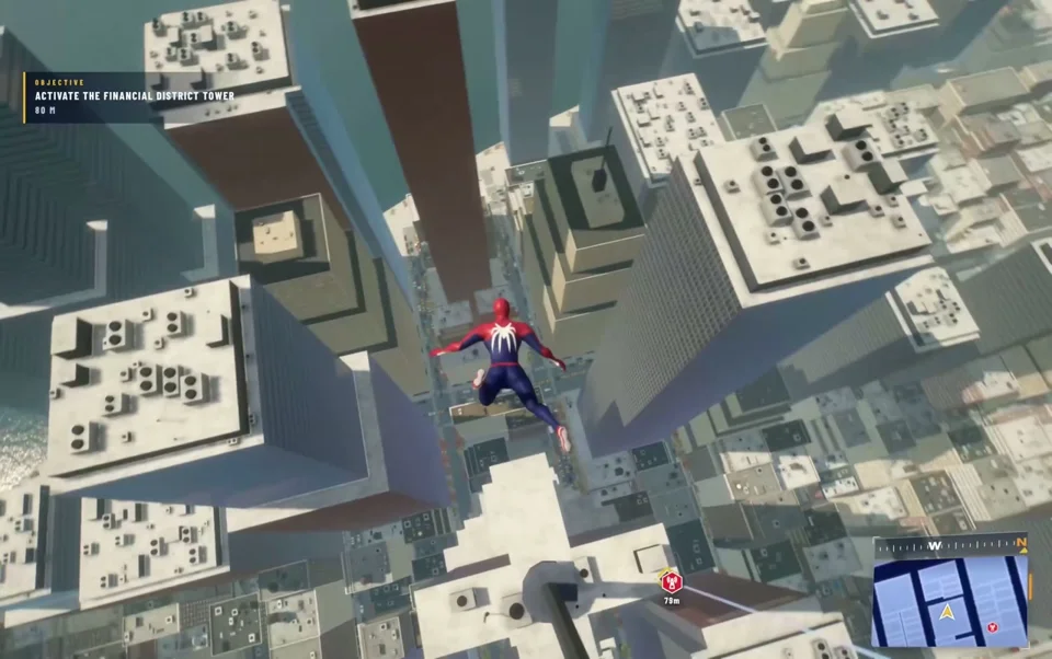 Web-swinging hero dives between skyscrapers in a three.js game