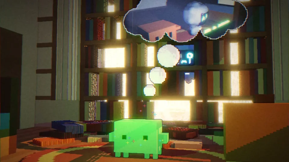 Voxel creature dreams in a sunlit library in an Interstellar homage