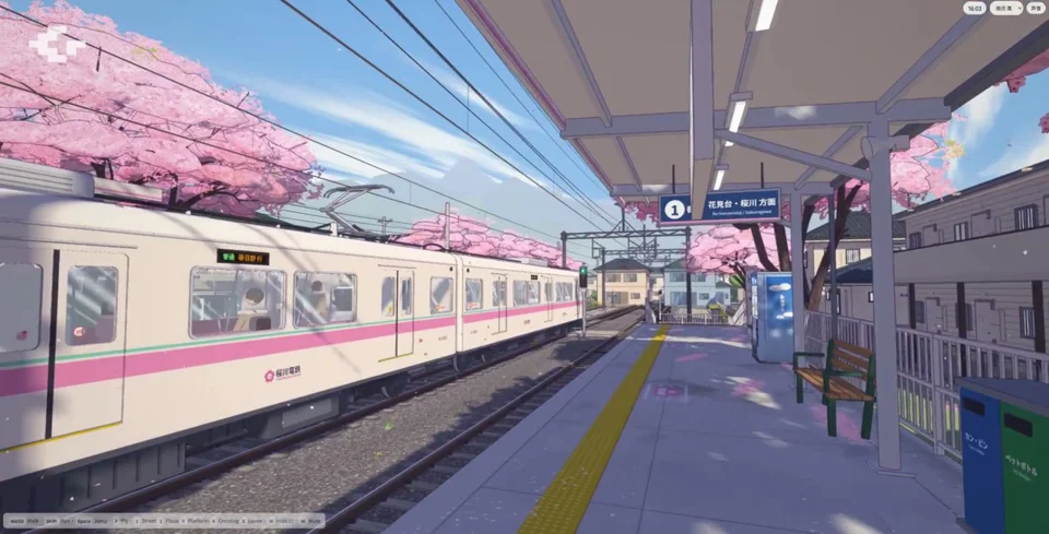 Cherry-blossom train platform in an explorable Japanese town
