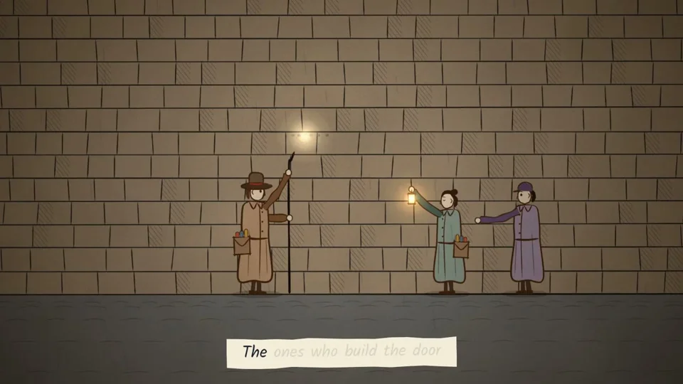 Lamplighters by a brick wall in the 'Not Yet Written' video