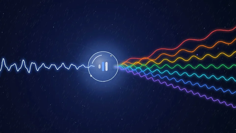 Glowing waveform splits into rainbow waves in a starry night