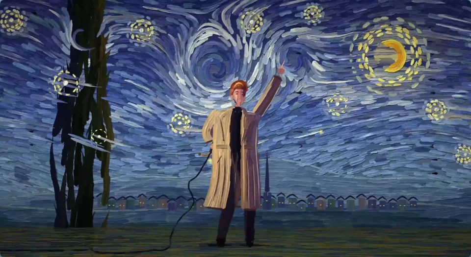 Rick Astley sings inside a swirling Starry Night sky