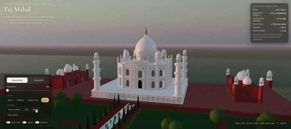 Taj Mahal 3D model opens into a labeled exploded view