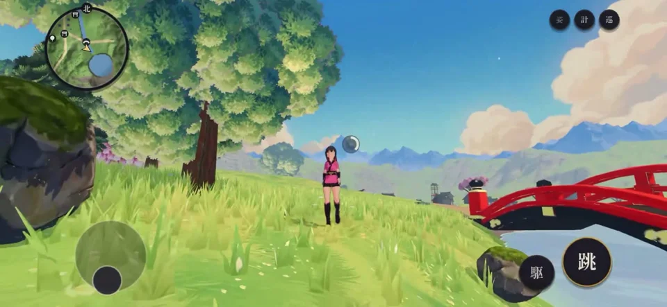 Anime-style open-world prototype with a red bridge and meadow