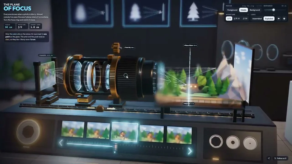 Camera lens elements slide apart on an interactive focus bench
