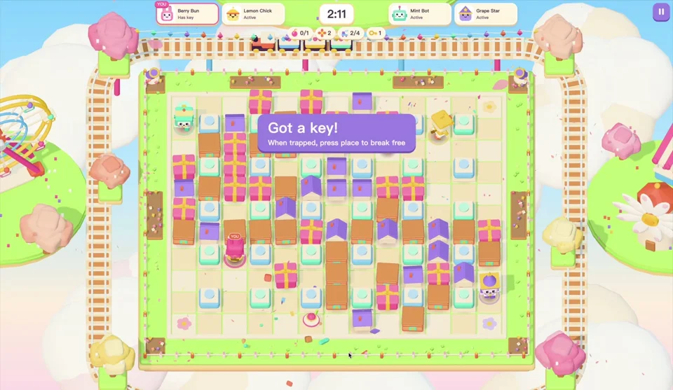 Candy-colored bomb maze game with AI rivals and gift boxes