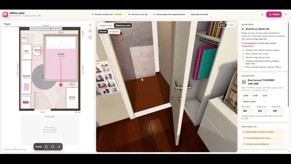 Bedroom planner pairs a floor plan with a 3D walkthrough