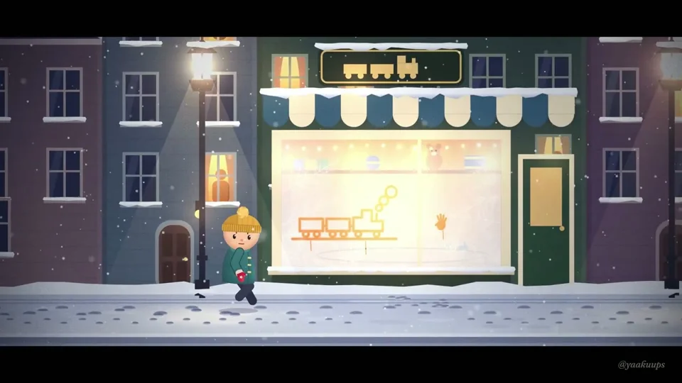 Child in a knit hat passes a toy shop on a snowy night
