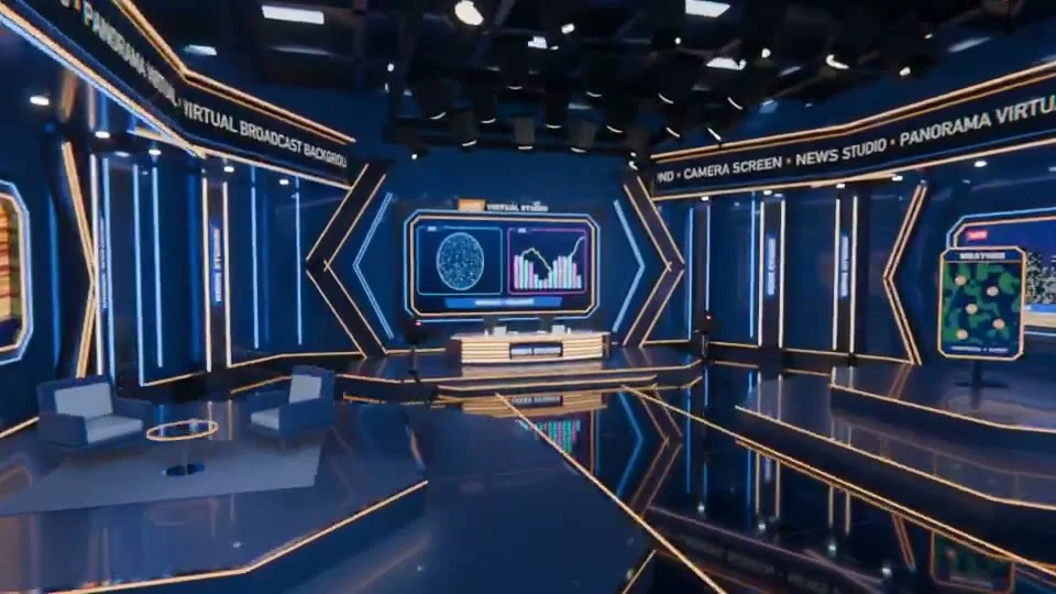 Camera glides through a glowing virtual news studio