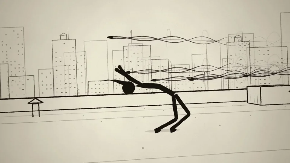 Stick figure bends back to dodge bullets on a sketched rooftop