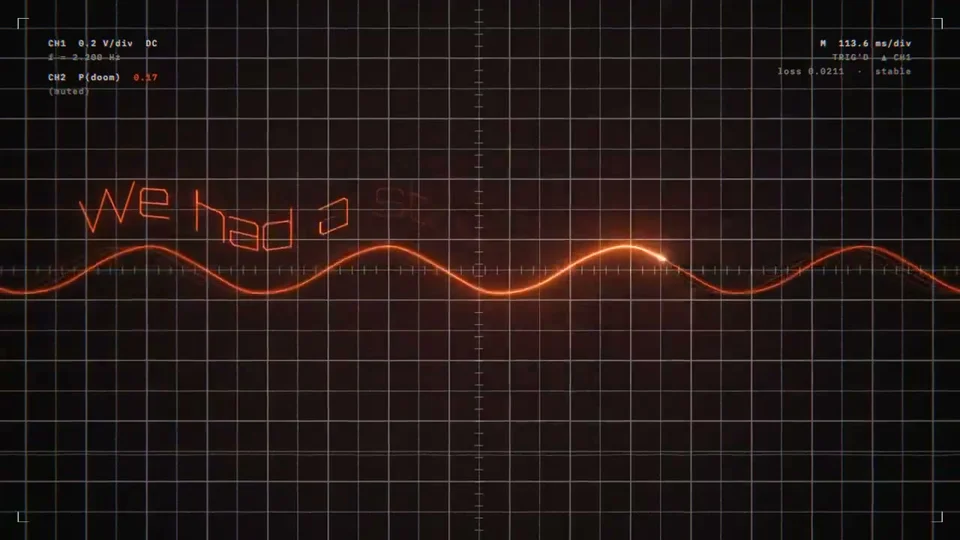 Claude Pop remake on an oscilloscope grid with a P(doom) readout