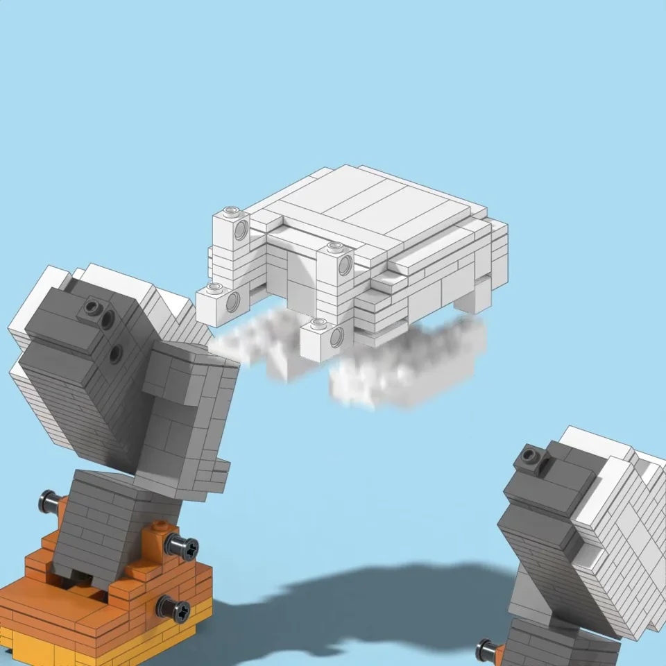 Life-size LEGO Microduck assembled brick by brick in 3D