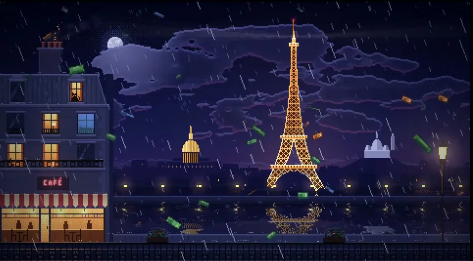 Rainy pixel-art Paris night with a lit Eiffel Tower