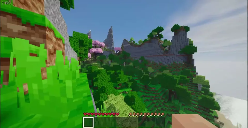 Voxel hillside with cherry trees in a block game