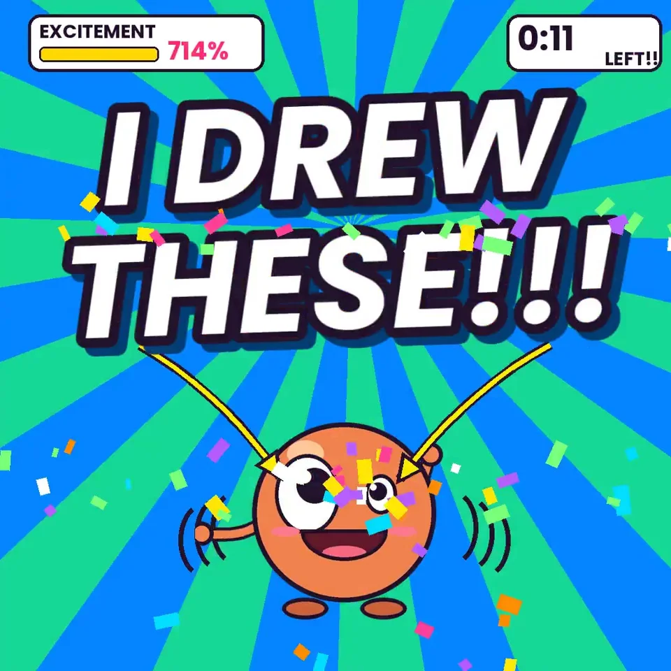 Hyperactive cartoon mascot yells 'I drew these!!!'