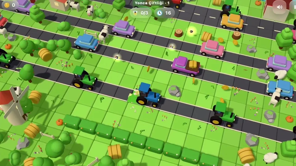 Low-poly tractor crosses farm roads in a web game