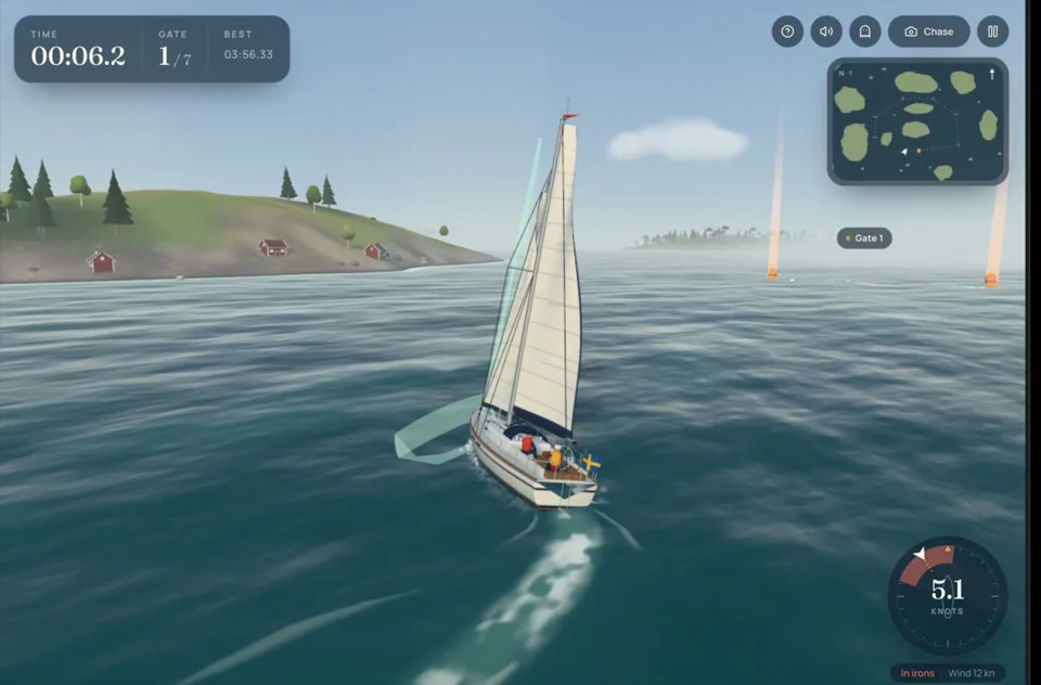 Sailboat races through gates across open sea in a 3D game