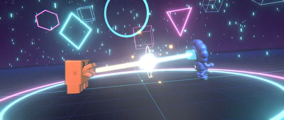 Two toy-like fighters clash beams in a neon arena