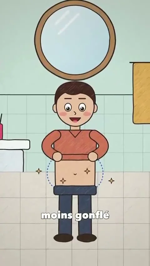 Vertical cartoon ad about easing a bloated stomach