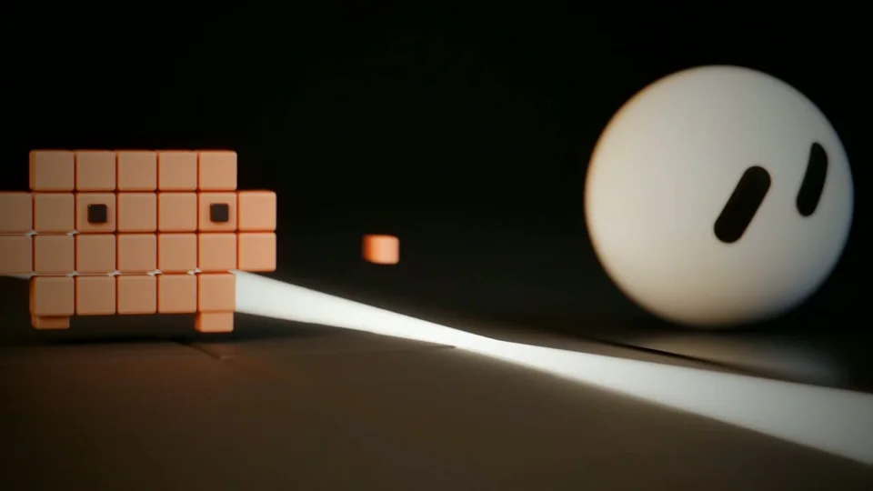 Voxel pig and round mascots roll along a glowing light seam
