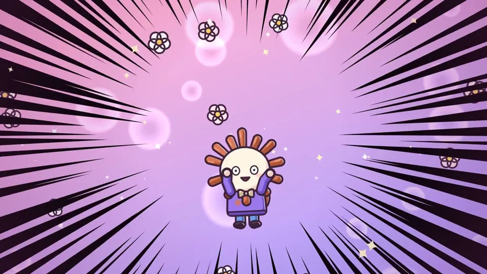 Cartoon mascot bursts through manga speed lines