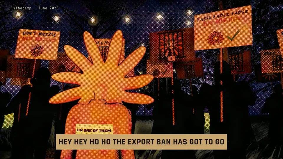 Halftone crowd chants at a protest in Claude's history film