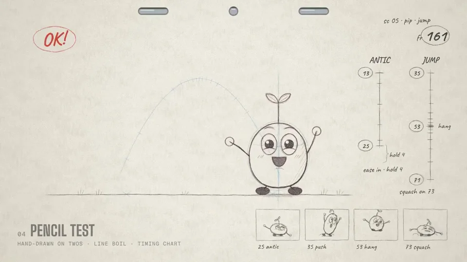 Sprout character pencil-test jump with timing charts