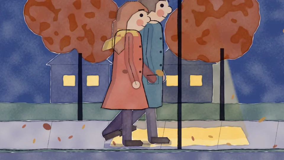 Watercolor music video of a couple walking at night