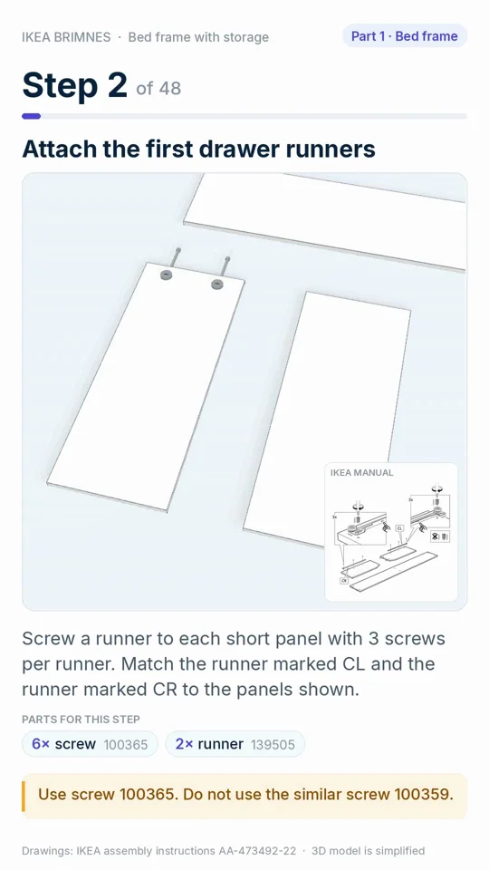 IKEA Brimnes bed frame manual as a narrated 3D guide