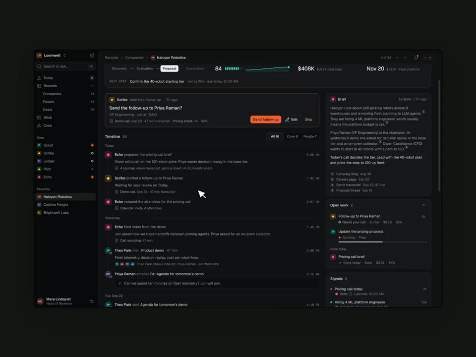 Dark-mode CRM with AI crew timeline and deal brief