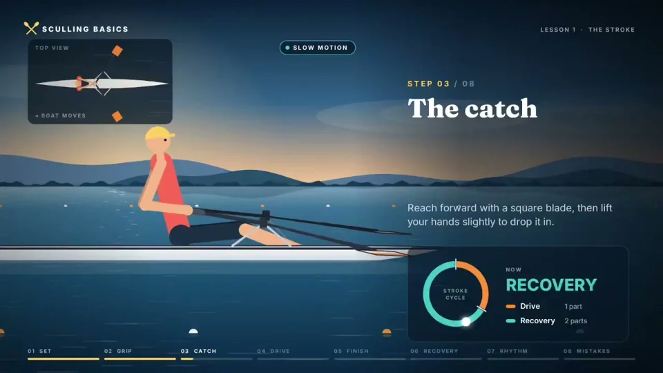 Step-by-step animated sculling lesson on the rowing stroke