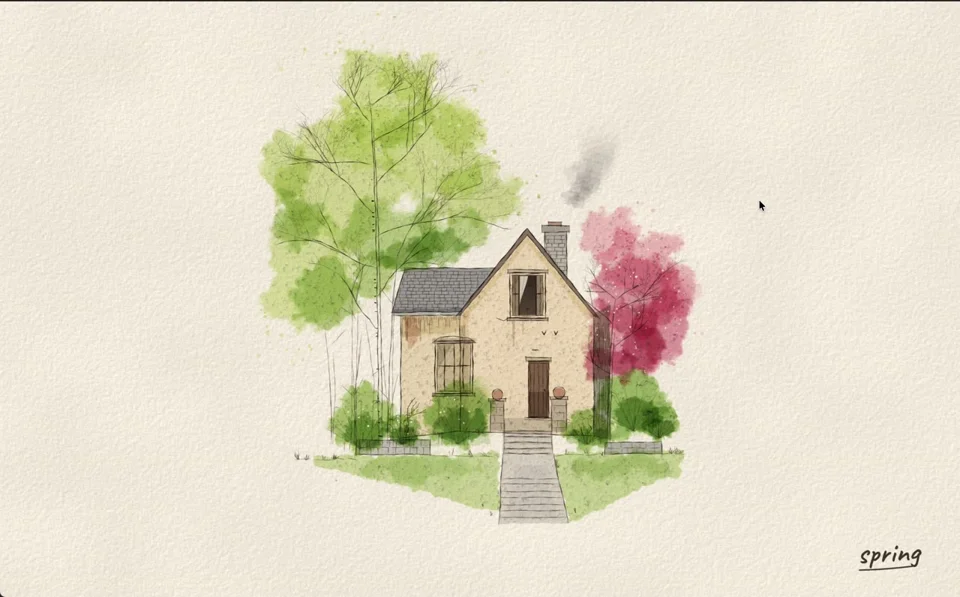 Watercolor cottage changes through the four seasons