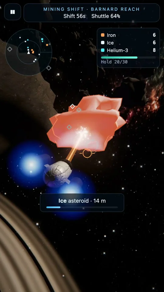 Mining shuttle harvests glowing asteroids in a space game