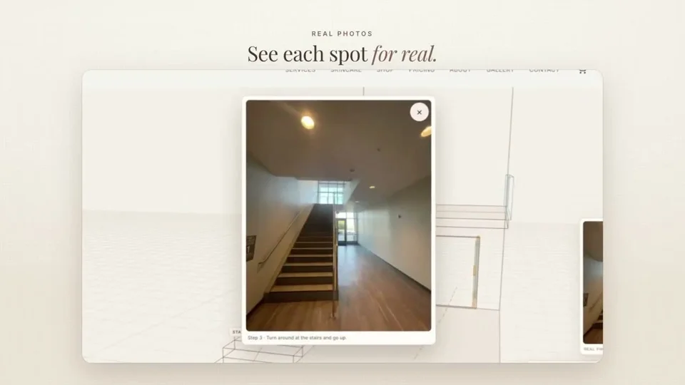 Wireframe stairway tour guides patients to a clinic door