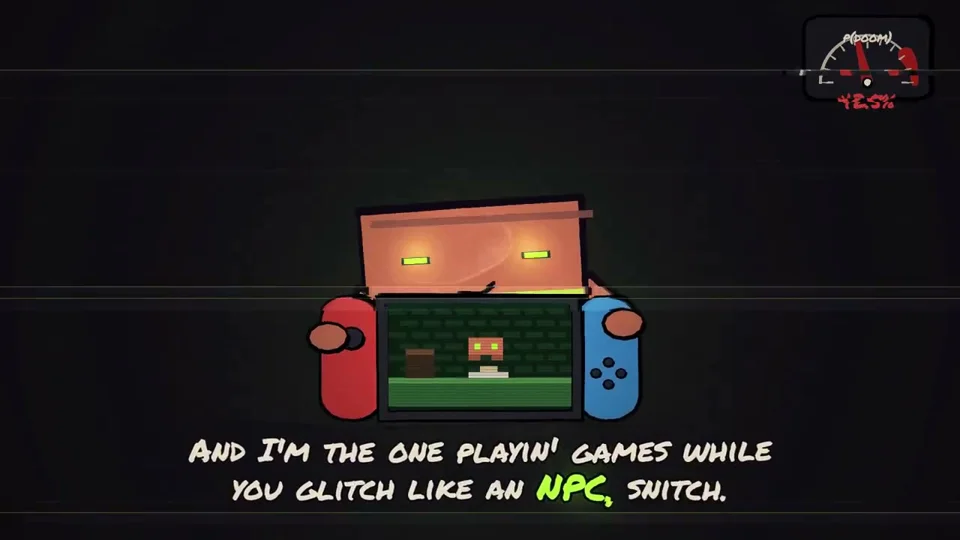 Box-headed robot plays games in a rap video