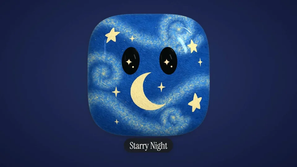 Squishy app-icon mascot in a Starry Night skin