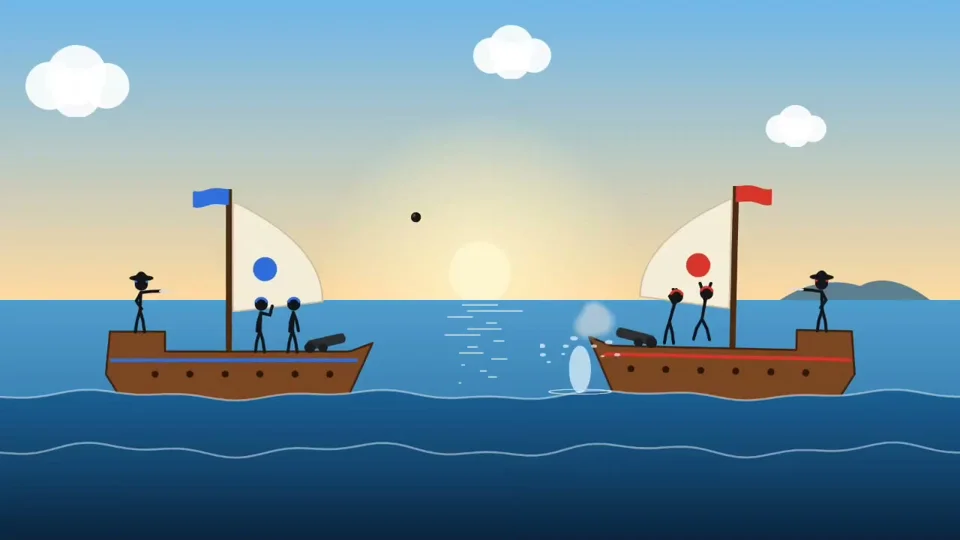 Stick-figure ships face off in a naval battle