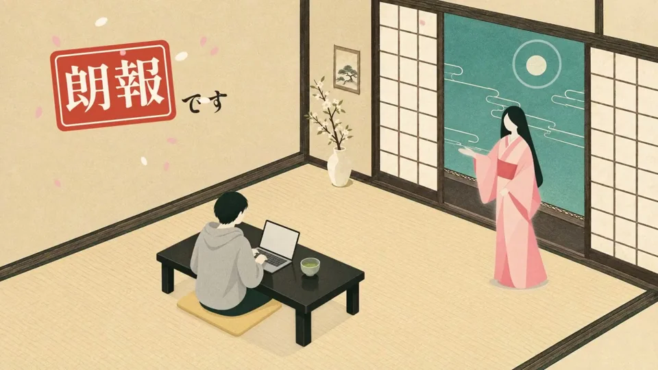 Isometric anime scene delivers a good-news message